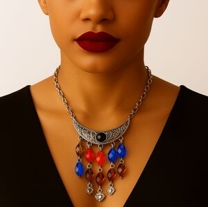 Silver Colorful Drop Beaded Necklace & Earrings Set – Women’s Fashion Jewelry